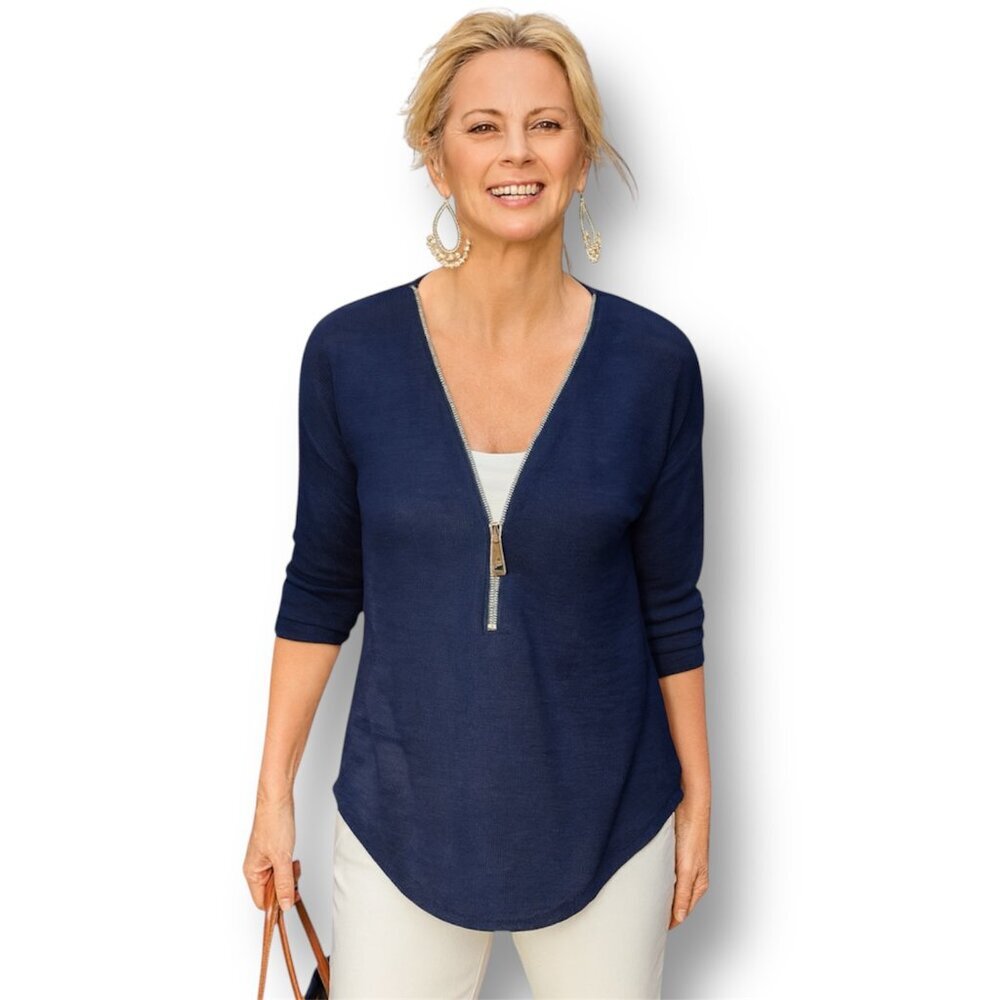 New Soft Surroundings Blue Half Zip Knit Sweater Valentina Top Cozy Boho 2XL‎